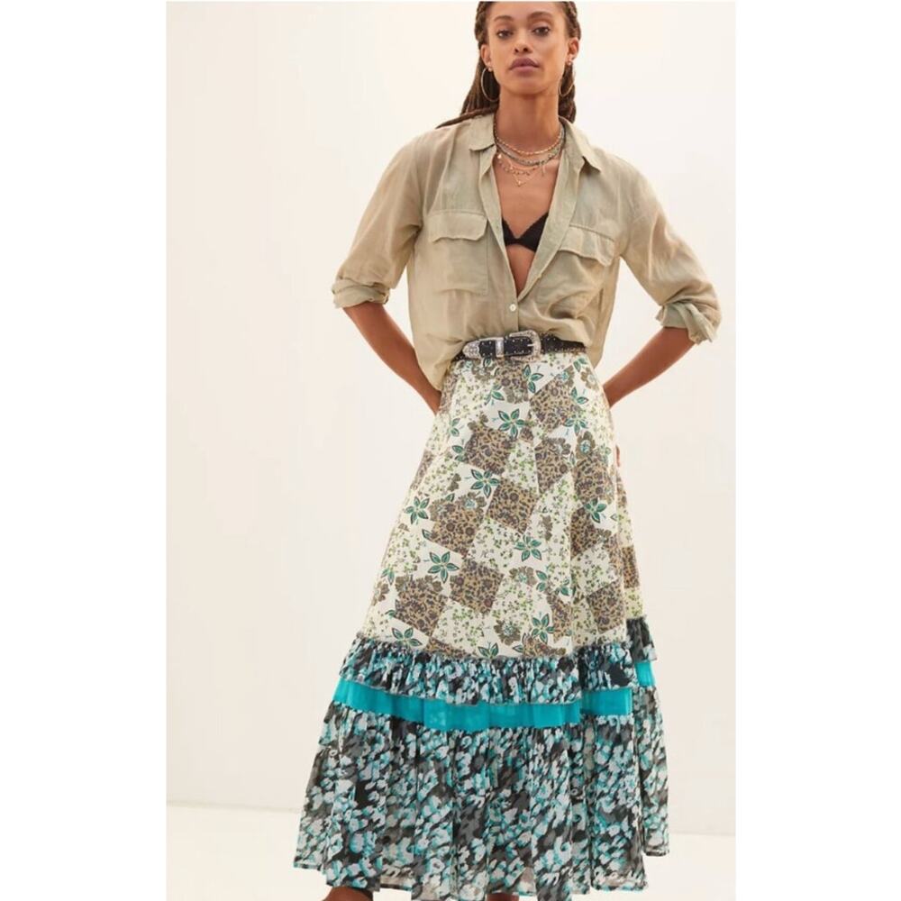 Anthropologie Raga Floral Patchwork Maxi Skirt XL Lined Tiered Ruffle Boho